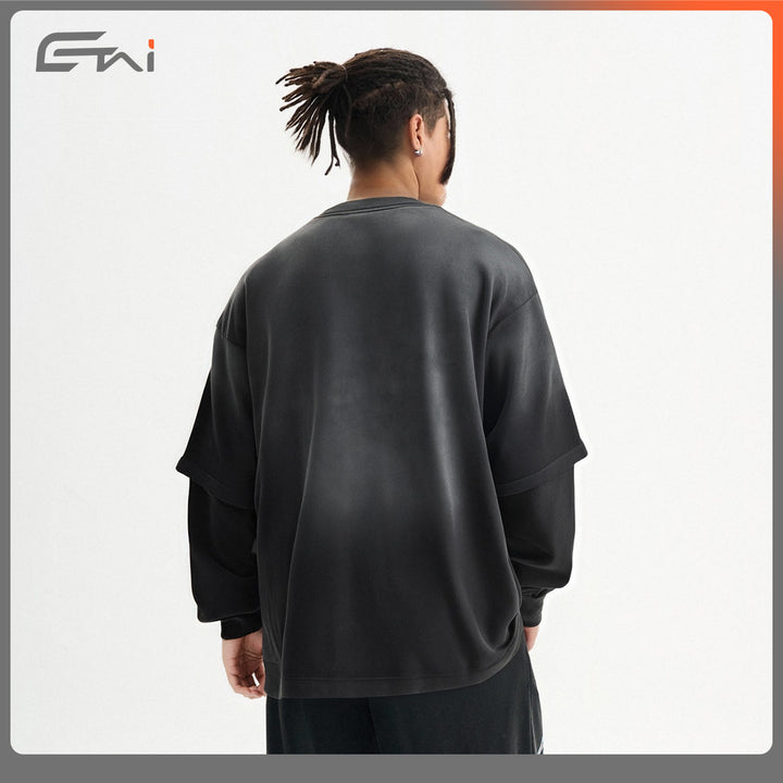 Men's Layered Long Sleeve Shirt with Double Layer Sleeves, Washed Vintage Wash and Subtle Fraying Mune Fashion