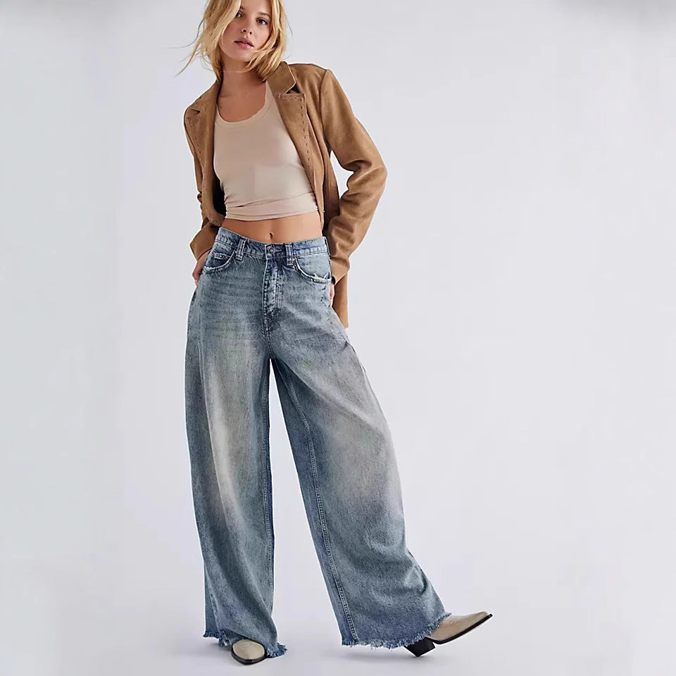 Women's extra-wide high-waist palazzo jeans made of denim with raw hem and vintage wash Mune Fashion