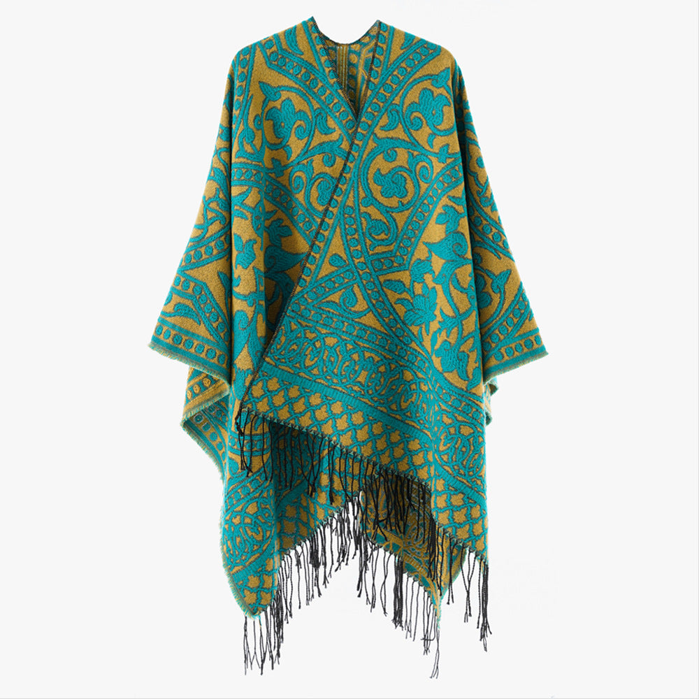 Women’s jacquard poncho with oriental ornament pattern and fringe hem Mune Fashion