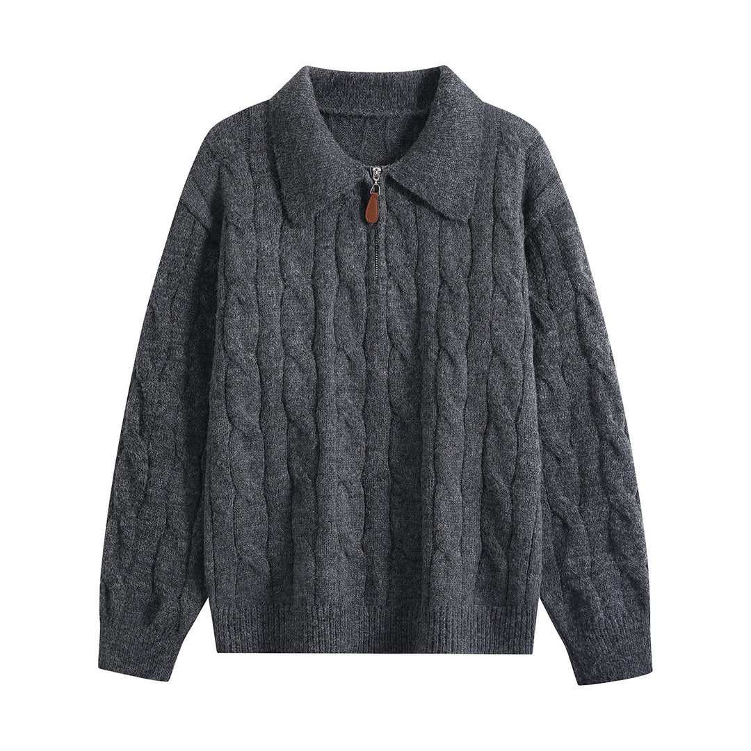 Women's chunky knit turtleneck sweater with half zipper & oversized collar Mune Fashion