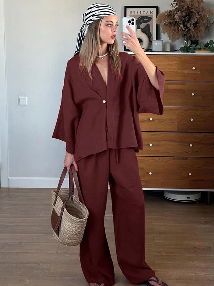 Women Casual Linen Look Two Piece with Kimono Blazer and Wide Palazzo Pants Mune Fashion