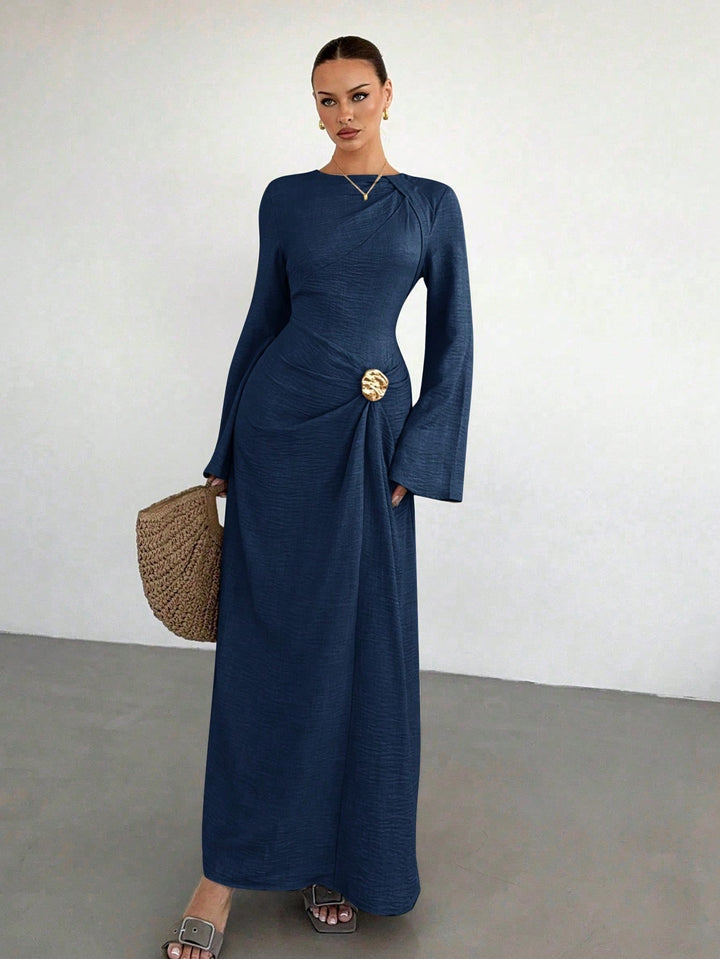 Ladies max dress with draping, decorative brooch and wide trumpet sleeves Mune Fashion