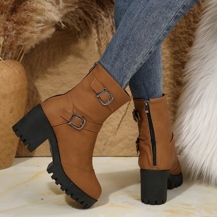 Women's chunky biker ankle boots with a profiled sole, decorative double buckles, and a side zipper Mune Fashion