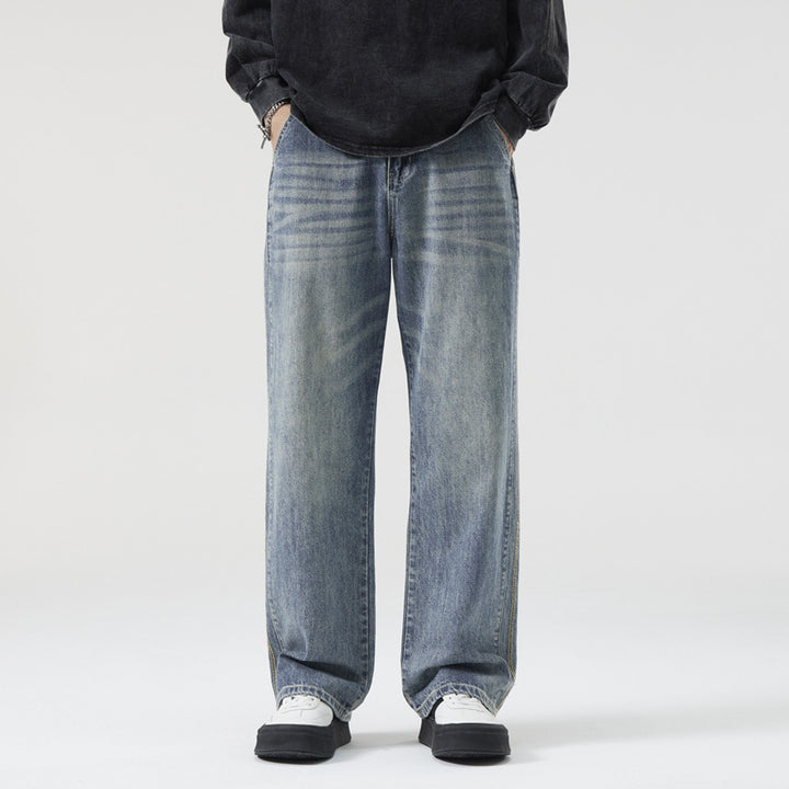 Men's Loose Vintage Denim Jeans with Wash and Straight Leg Mune Fashion