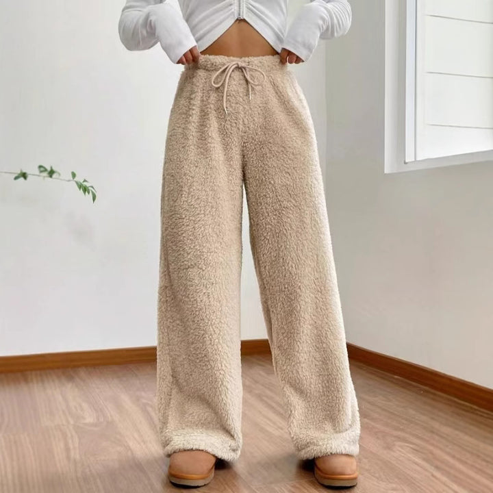 Women's high-waisted teddy fleece lounge pants with wide leg, drawstring, and side pockets Mune Fashion