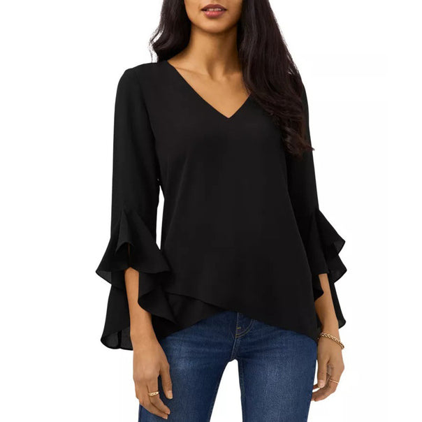 Women's chiffon blouse with V-neck, asymmetrical hem and ruffled sleeves Mune Fashion