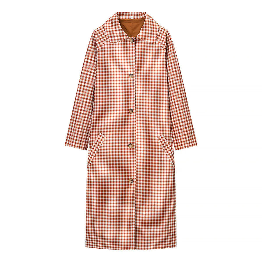 Women's checkered midi trench coat with shirt collar, full button placket and patch pockets Mune Fashion