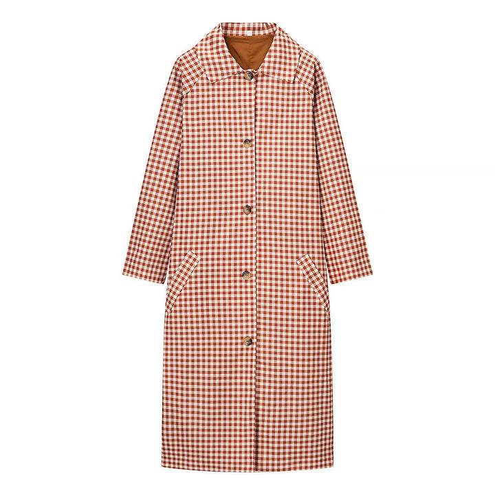 Women's checkered midi trench coat with shirt collar, full button placket and patch pockets Mune Fashion