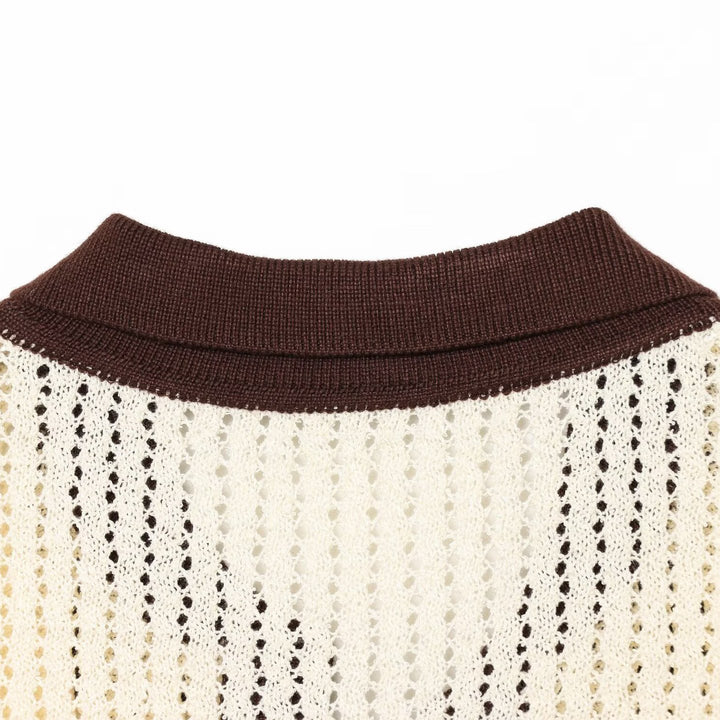 Women's short-sleeve polo pullover made of openwork knit with open V-neck Mune Fashion