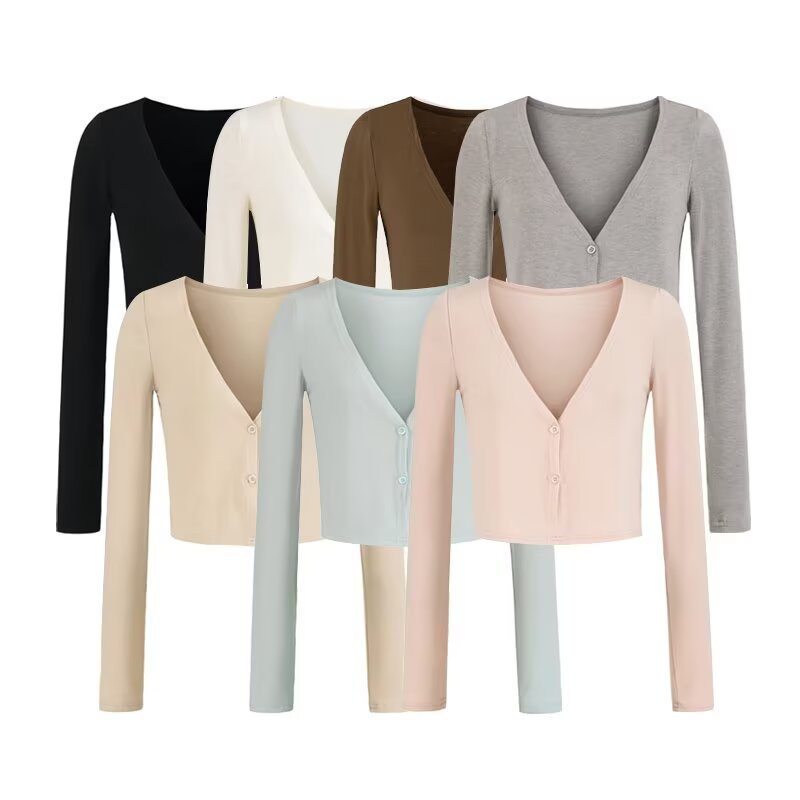 Women's Short Fine Knit Cardigan with Deep V-Neck and Button Front Mune Fashion