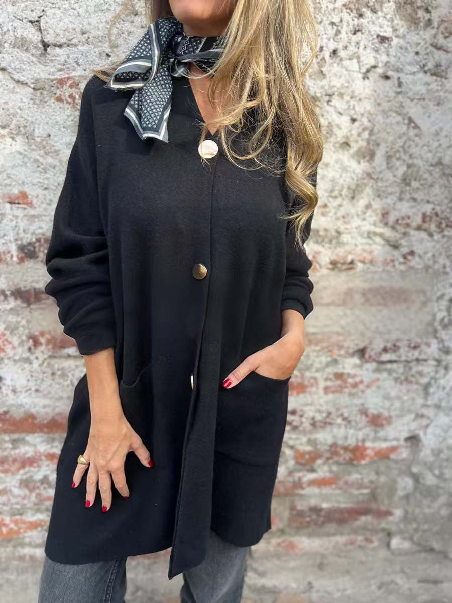 Women Oversized Knit Coat-Cardigan with Sewn Pockets and Decorative Buttons Mune Fashion
