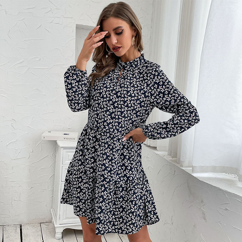 Women Layered Minidress with Stand-up Collar, Floral Print and Fitted A-Line Cut