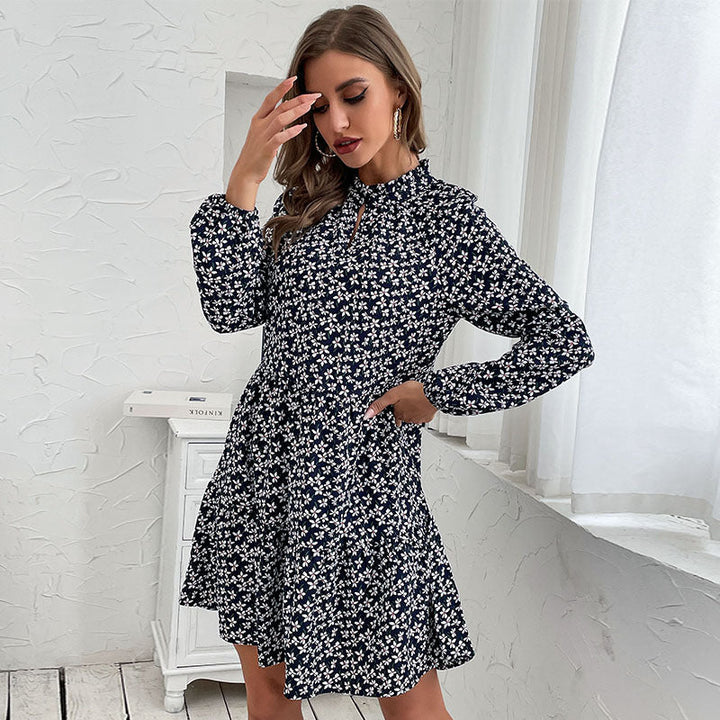 Women Layered Minidress with Stand-up Collar, Floral Print and Fitted A-Line Cut