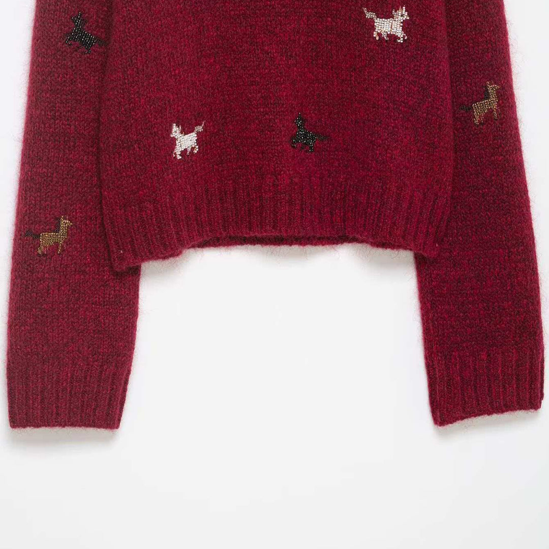 Women’s short-cut chunky knit sweater with dog motif, round neckline and elastic ribbed hem Mune Fashion