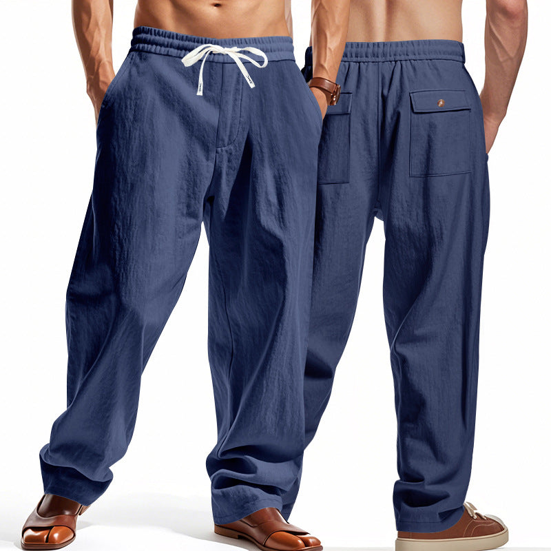 Men's casual linen leisure pants with elastic waistband drawstring and patch back pockets Mune Fashion