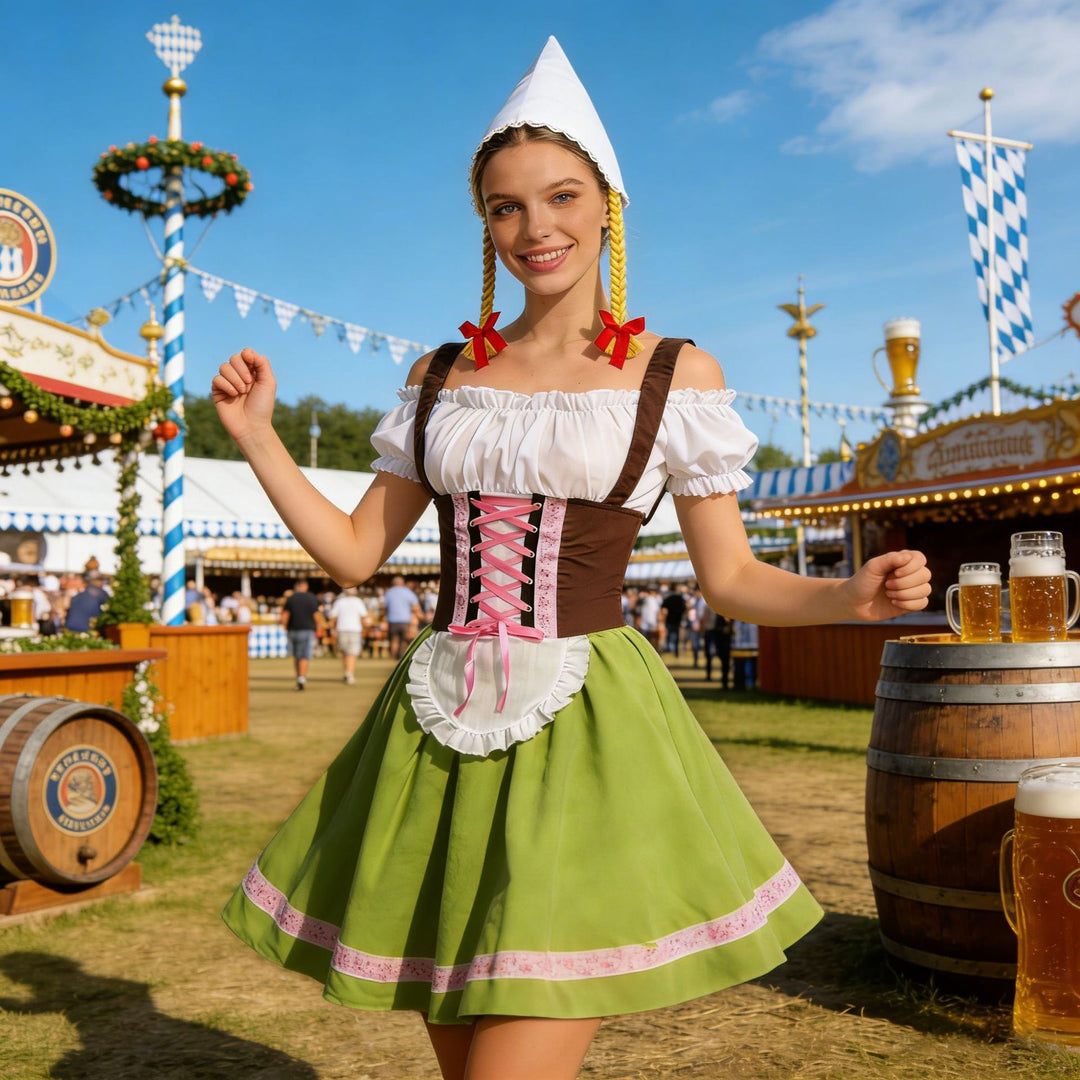 Ladies traditional dirndl costume with lacing, apron and pointed headscarf Mune Fashion
