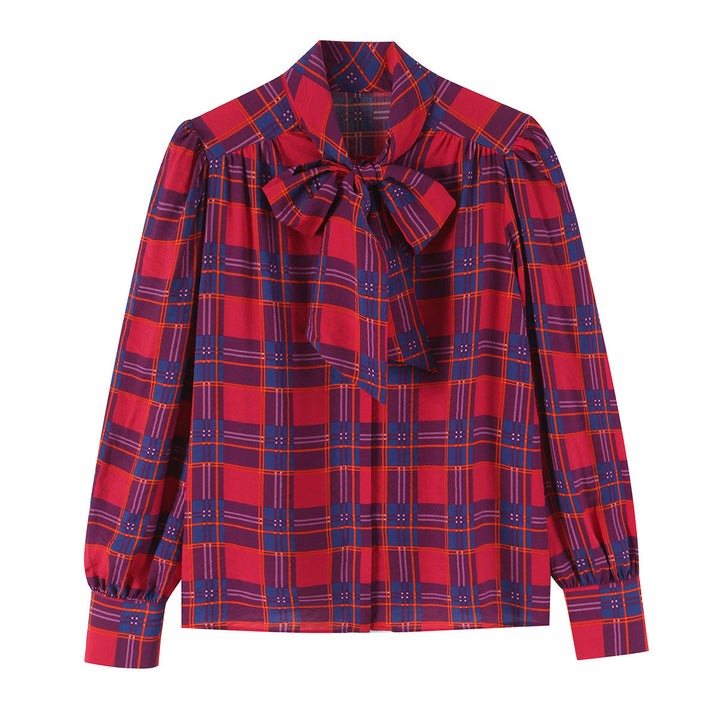 Ladies bow blouse with check pattern, voluminous sleeves and wide cuffs
