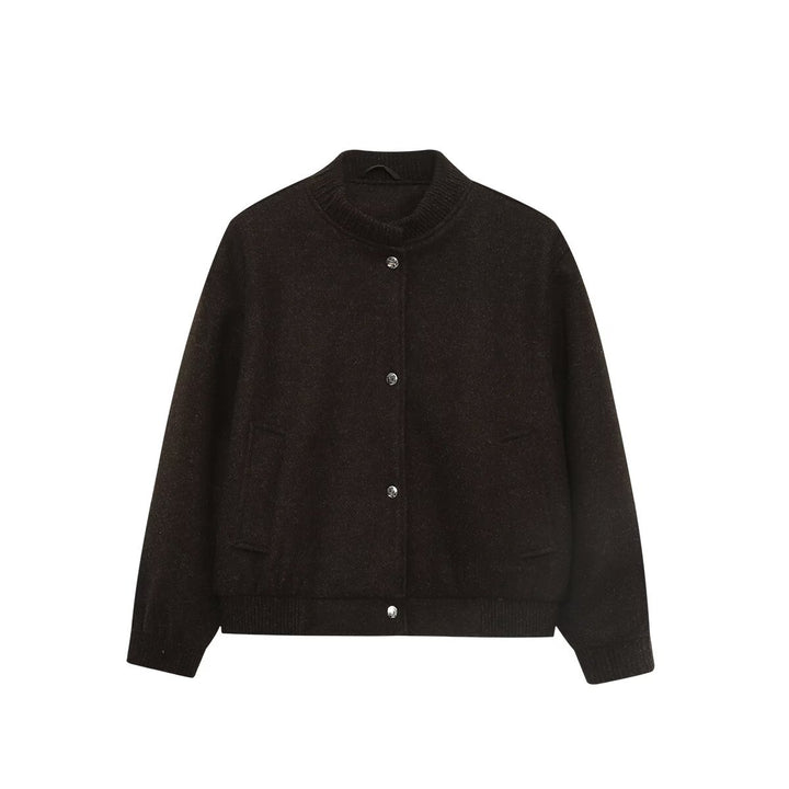 Women's Boxy Wool Blend Bomber Jacket with Ribbed Collar, Snap Buttons, and Side Pockets Drune