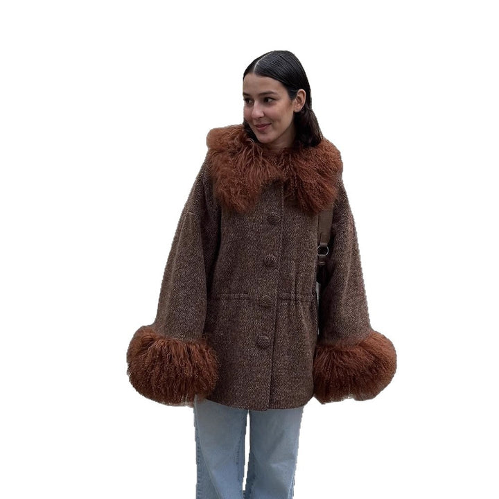 Women's Oversize Wool Blend Marca Coat with Voluminous Lamb Fur Imitation Collar and Extra Wide Sleeve Cuffs Mune Fashion