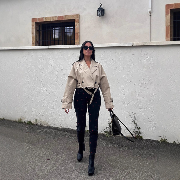 Women Short-Cut Trench-Cropped Coat with Waistbelt, Oversized Sleeves and Frayed Hem Mune Fashion