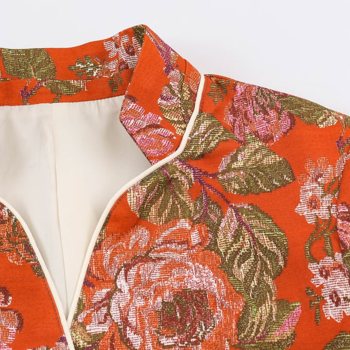 Women's short blazer in brocade jacquard with stand-up collar and piping Mune Fashion