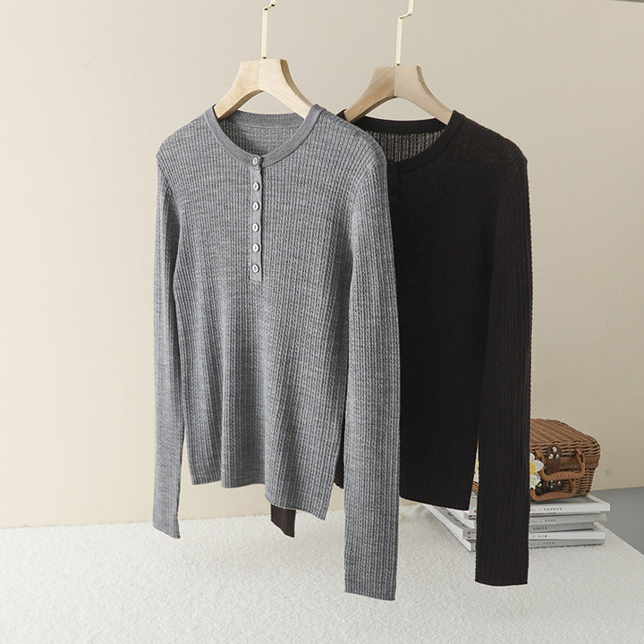 Women's Ribbed Henley Fine Knit Sweater with Slim Silhouette Mune Fashion