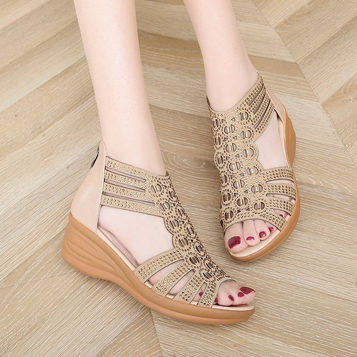 Women’s Buckle Wedge Sandal with Closed Heel, Decorative Stone Accents and Ergonomic Comfort Footbed Mune Fashion