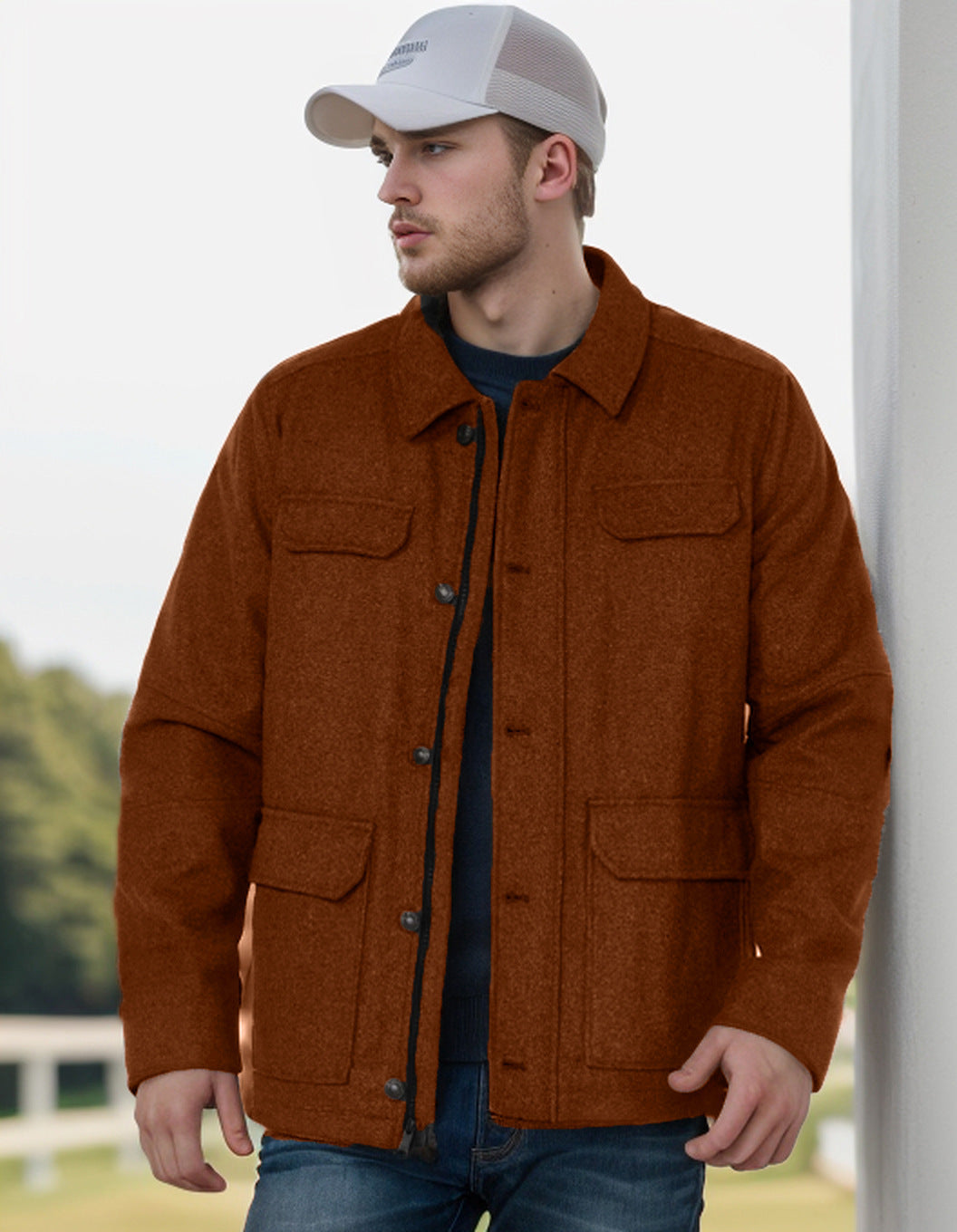 Men's Wool Blend Field Jacket with Flap Pockets, Full Button Placket and Shirt Collar Mune Fashion