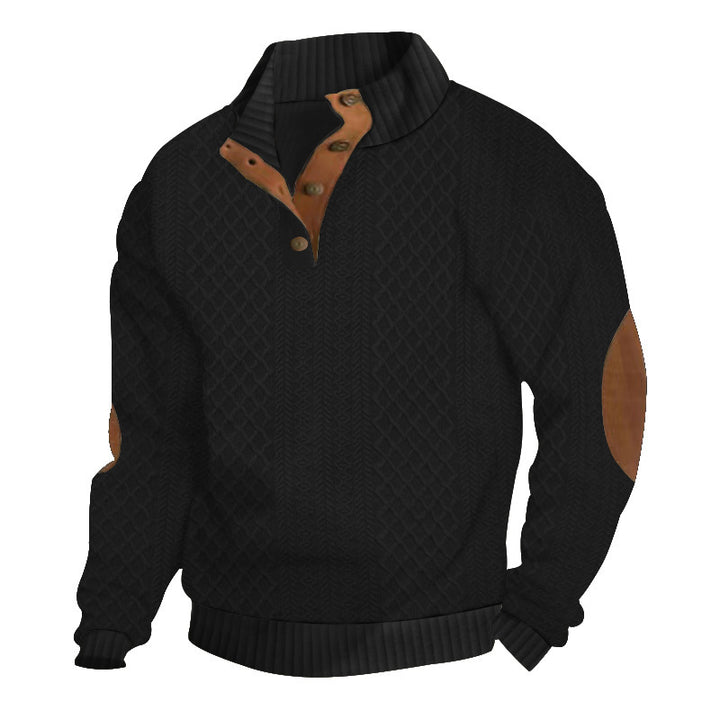 Men's coarse-knit pullover with standing collar, button placket, and elbow patches Mune Fashion