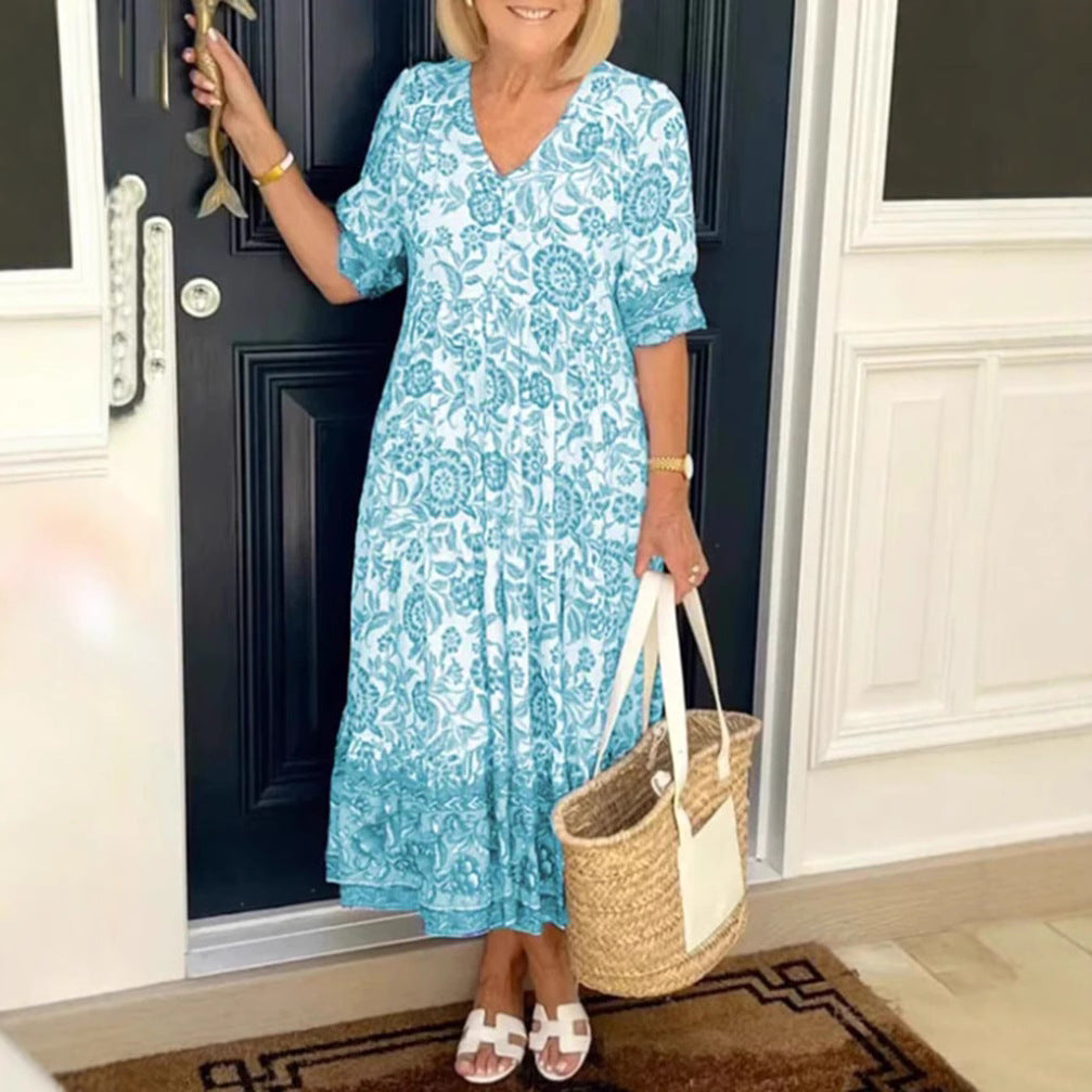 Women's Casual Tiered Midi Dress with V-Neck, Gathered Yoke and Ruffled Hem Mune Fashion