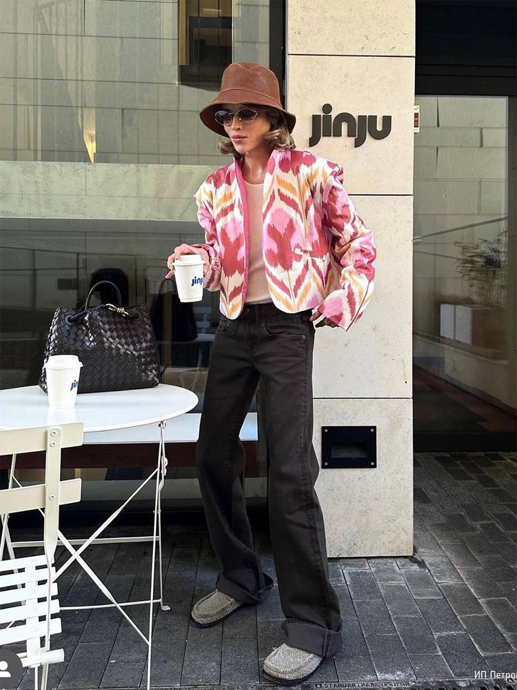 Women’s short jacket with Ikat pattern, boxy silhouette, and light cotton blend Mune Fashion
