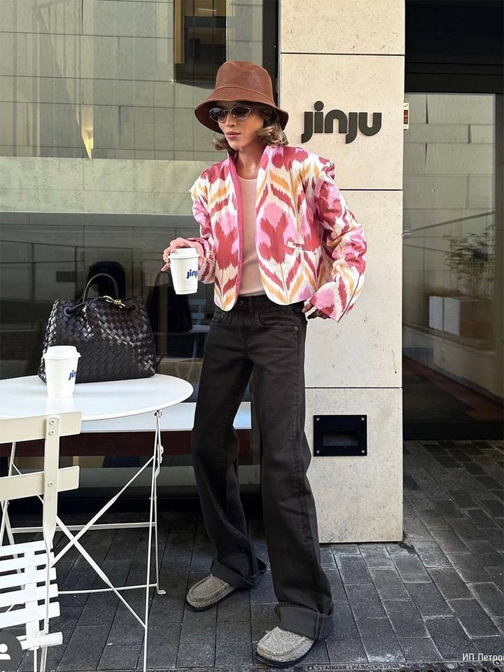 Women’s short jacket with Ikat pattern, boxy silhouette, and light cotton blend Mune Fashion