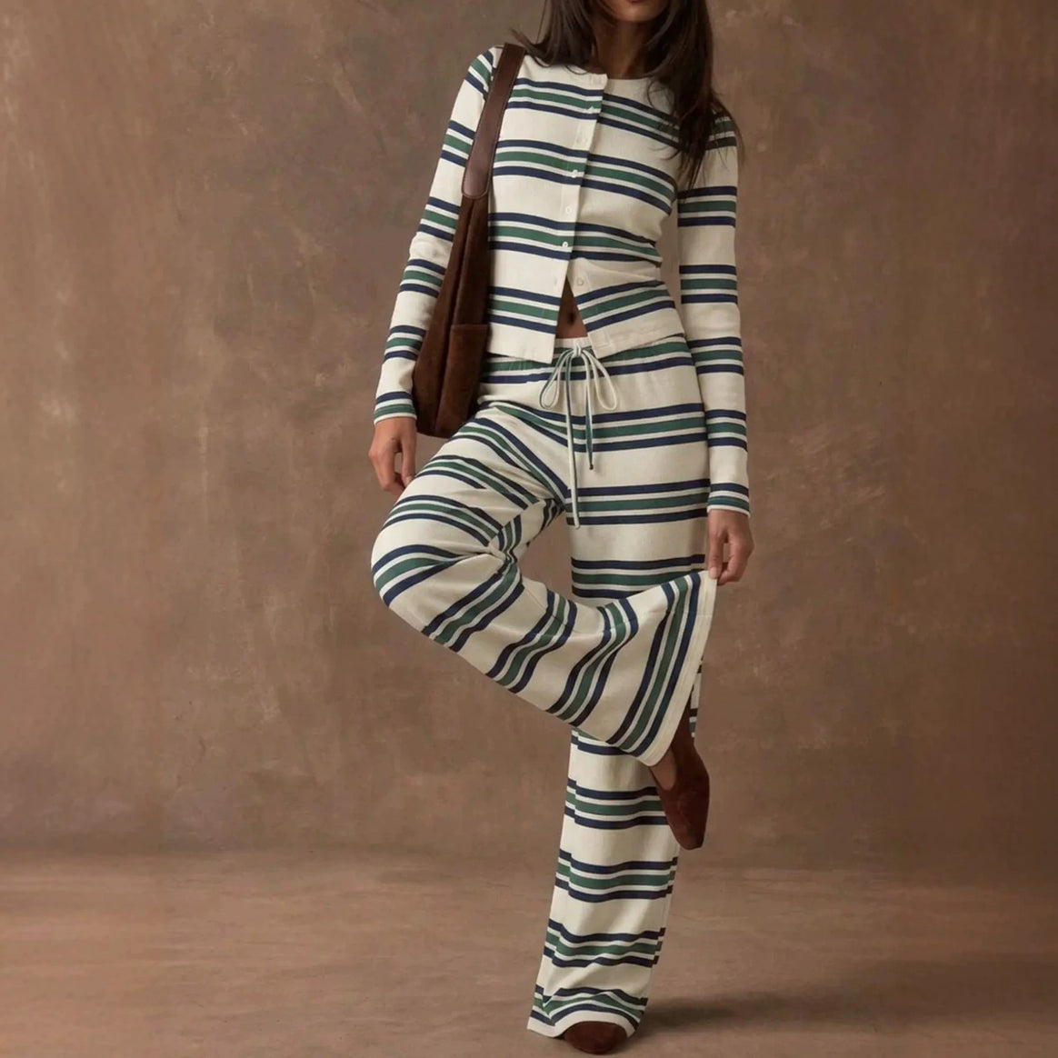 Ladies Striped Knit Lounge Set with Tailored Button Cardigan and Wide Palazzo Pants Mune Fashion