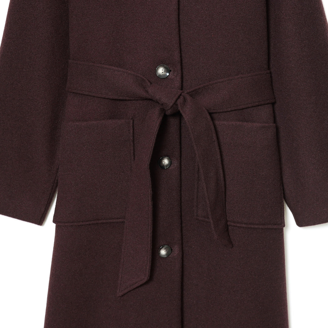 Women's long wool coat with stand-up collar, press button placket, tie belt and patch pockets Mune Fashion