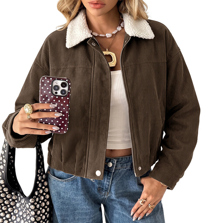 Ladies Fashionable Cord Jacket with Fleece Collar Mune Fashion