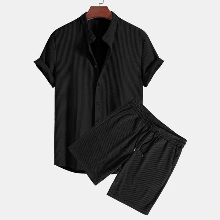 Velvet polo shirt and velvet shorts.