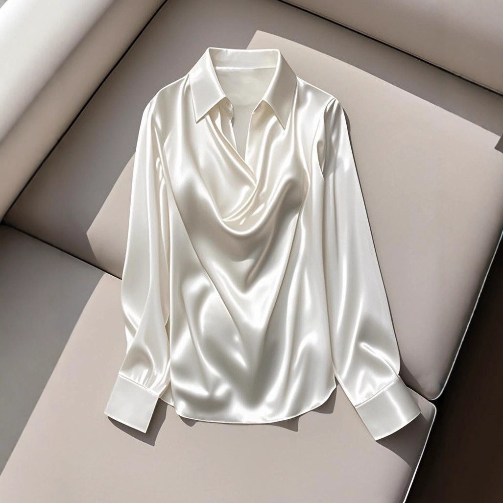 Women's Silk Blouse with Stylish Waterfall Neckline and Long Sleeves Mune