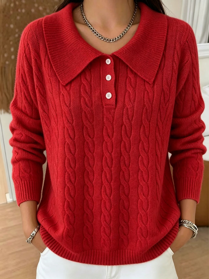 Women's cable knit polo sweater with large folded collar and relaxed silhouette Mune Fashion