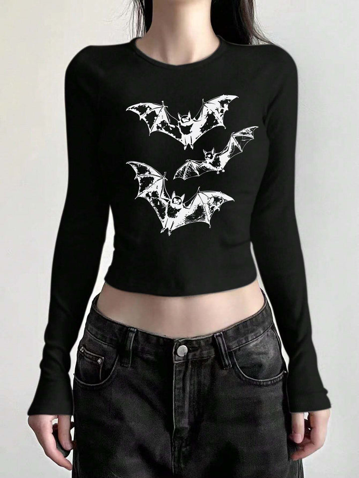 Ladies' figure-hugging long sleeve shirt with cute goose print, round neckline, and lightweight stretch Mune Fashion