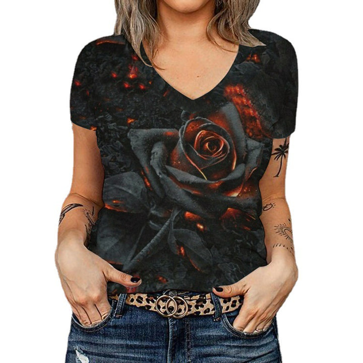 Women's V-neck T-shirt with floral overlay design Mune Fashion