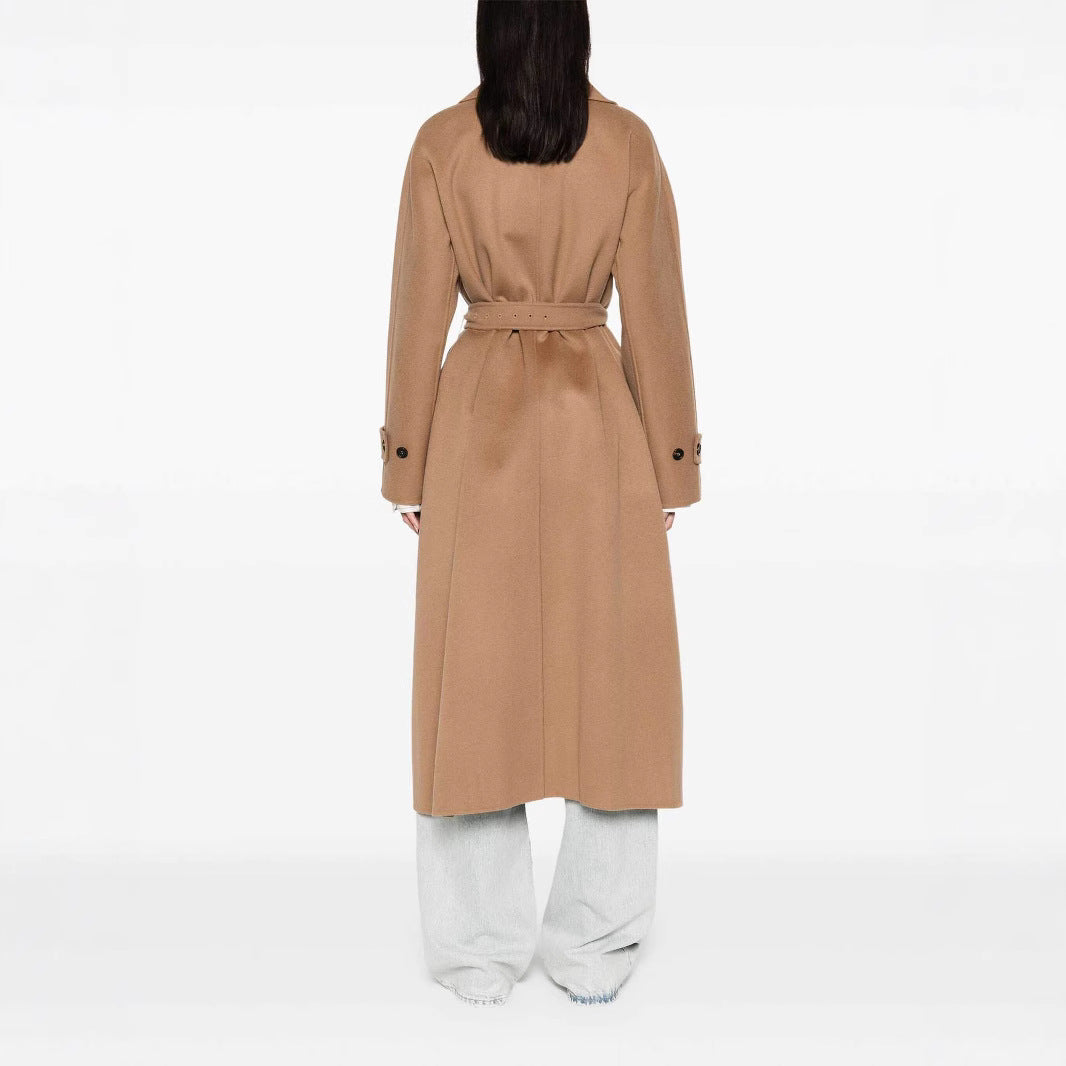 Women’s wrap coat made of wool blend with waist belt and oversized shoulder Mune Fashion