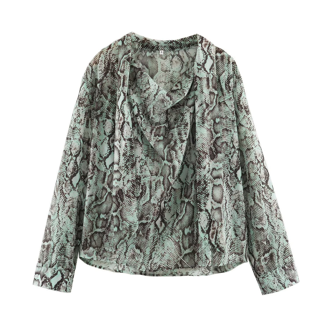Women's blouse with waterfall shawl collar and snake print Mune Fashion