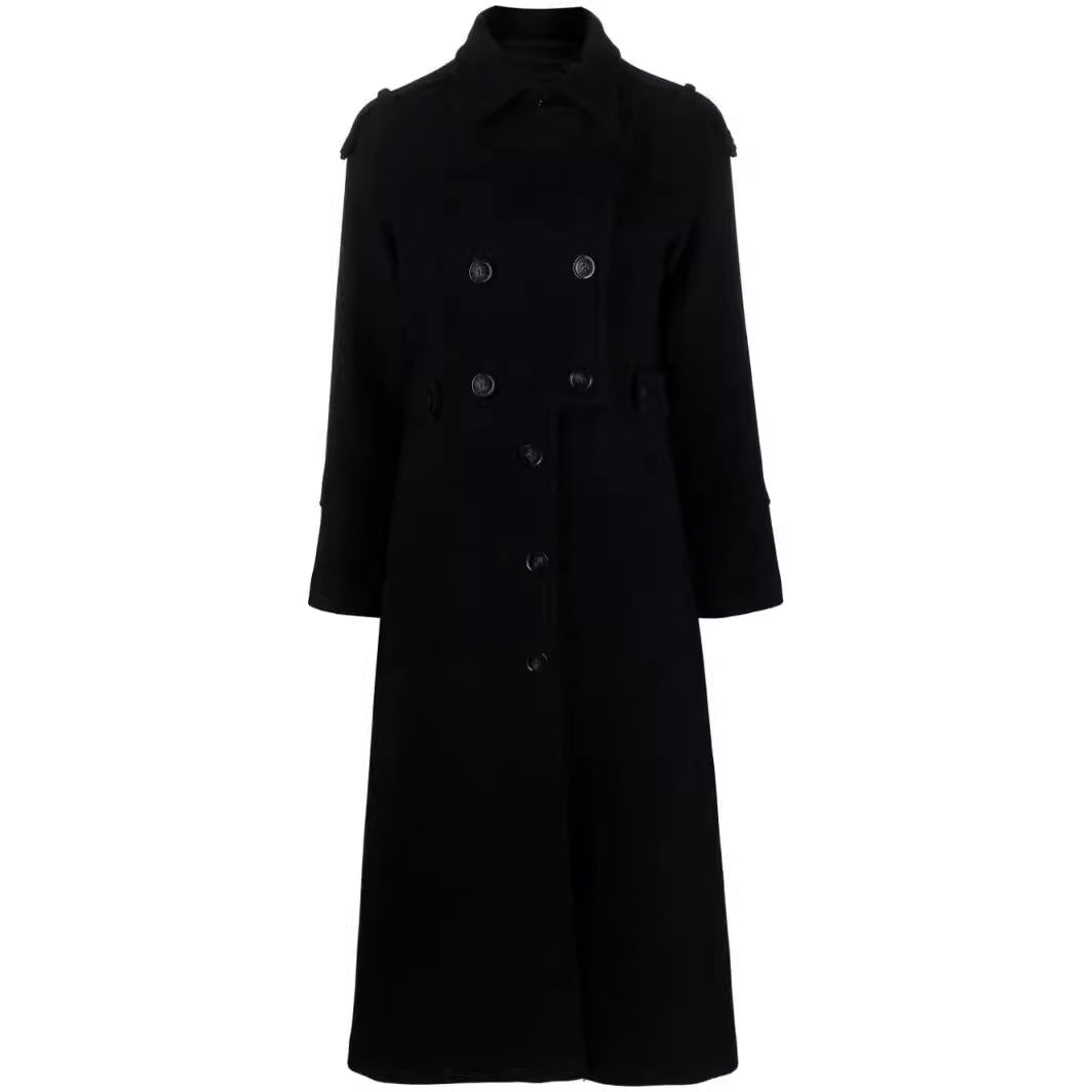 Women Floor-Length Double-Breasted Trench Coat made of Wool Blend with Shoulder Patches and Concealed Waist Belt Mune Fashion