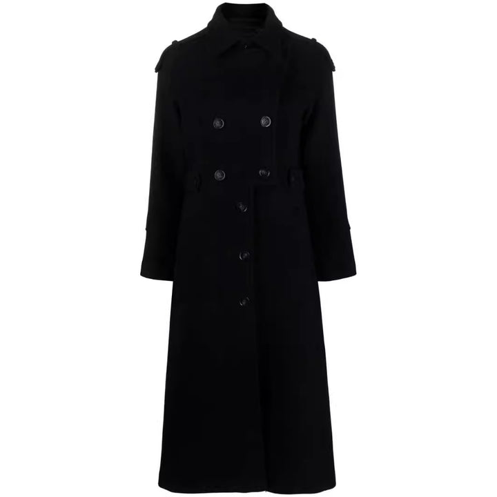 Women Floor-Length Double-Breasted Trench Coat made of Wool Blend with Shoulder Patches and Concealed Waist Belt Mune Fashion