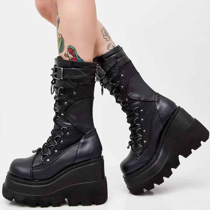 Women's platform lace-up boots with chunky lug sole, mesh inserts and adjustable buckles Mune Fashion