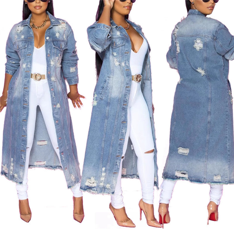 Ladies long-sleeved jeans maxi dress with button placket and used details Mune Fashion