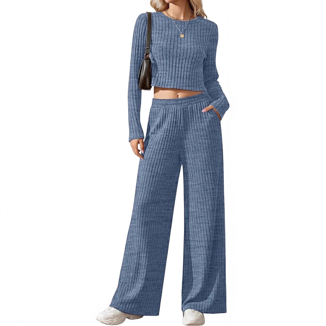 Women's Ribbed Fine Knit Lounge Set with Cropped Long Sleeve Top and High-Waisted Palazzo Pants Mune Fashion