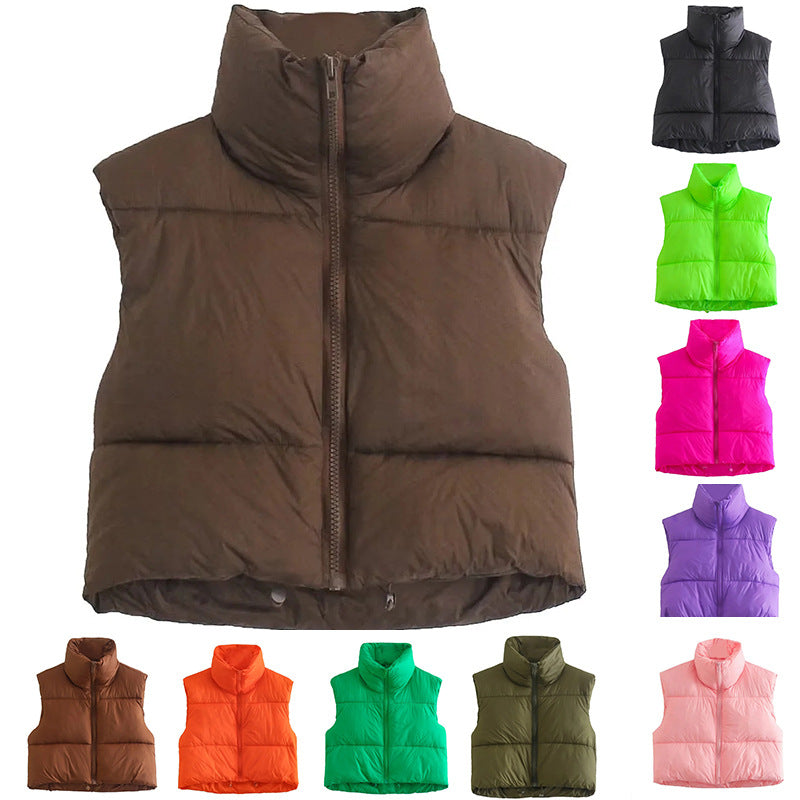 Women's short quilted vest with high stand-up collar, padded thermal filling, and adjustable drawstring hem Mune Fashion