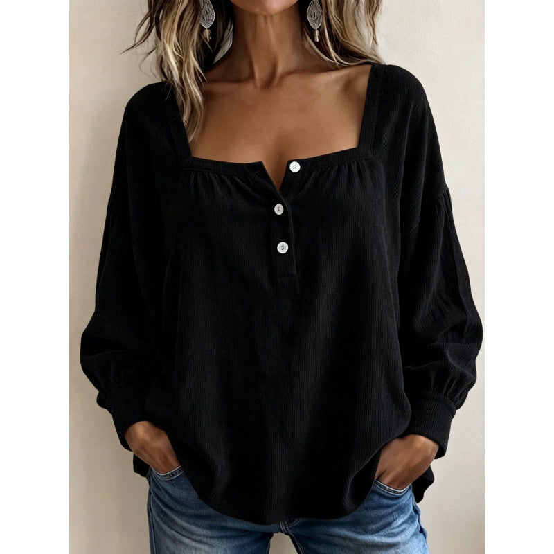 Women Long Sleeve Ribbed Structure Henley Shirt with Square Neckline Mune Fashion