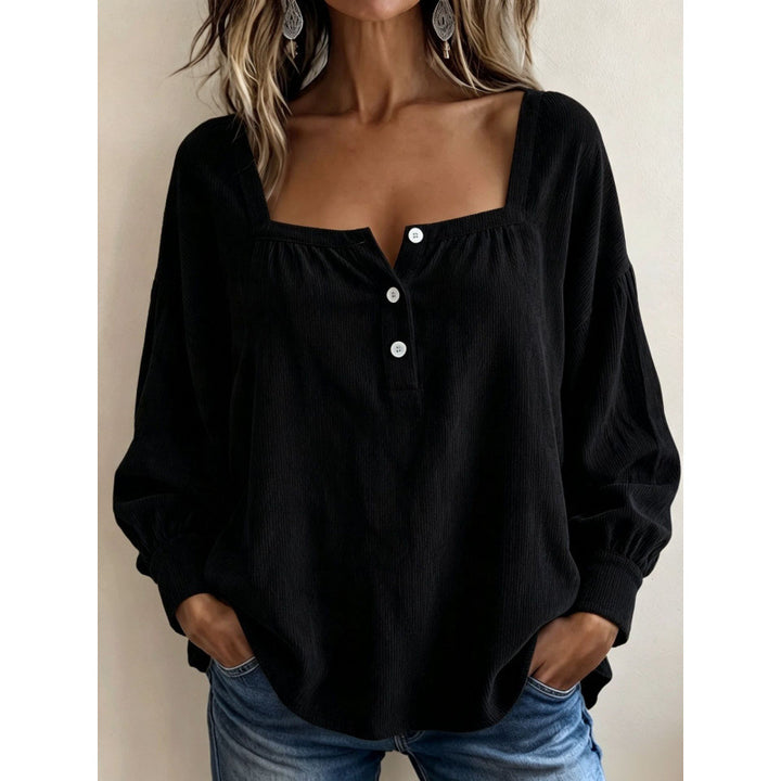 Women Long Sleeve Ribbed Structure Henley Shirt with Square Neckline Mune Fashion